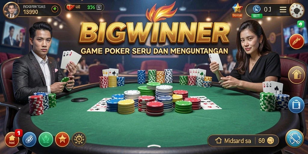 Screenshot utama BIGWINNER menampilkan gameplay Poker yang mendebarkan.
