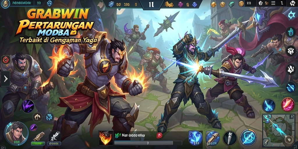 Screenshot gameplay <strong>GRABWIN</strong> menampilkan aksi seru antar hero di medan perang.