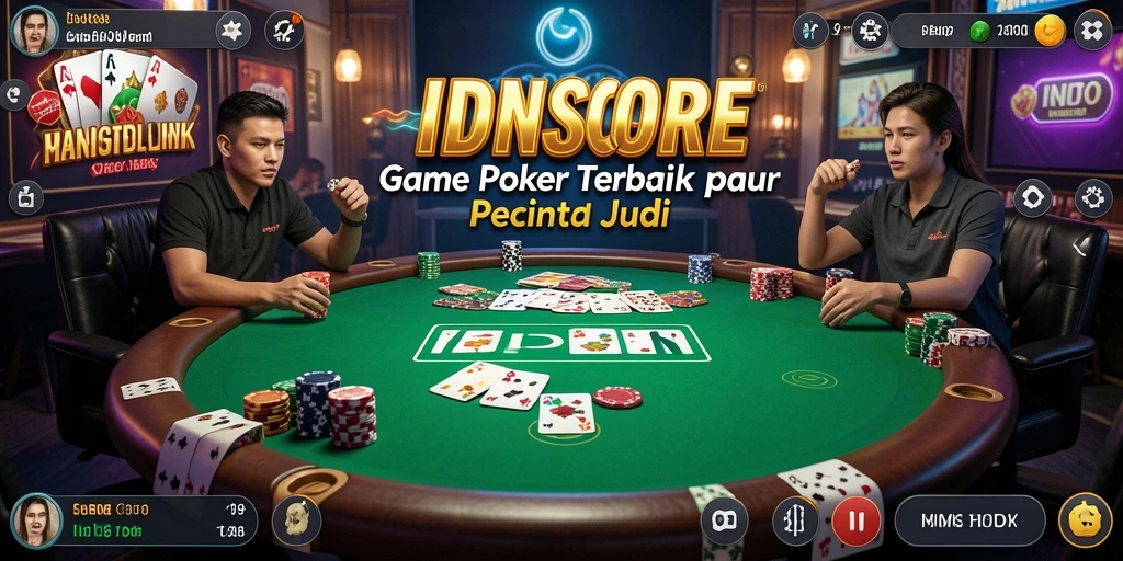 Tampilan antarmuka gameplay poker di IDNSCORE yang menarik.