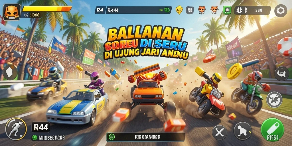 Screenshot gameplay RR44 menampilkan balapan intens dan mobil yang menakjubkan.